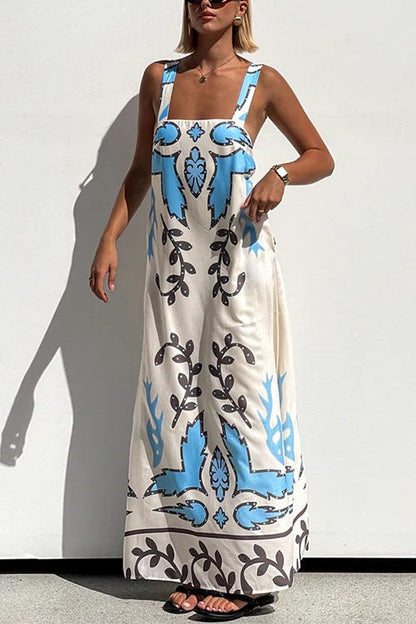 Square Neck Tie Knot Backless Printed Maxi Cami Dress