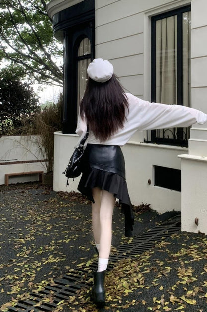 Asymmetrical Ruffle A-Line PU Leather Skirt