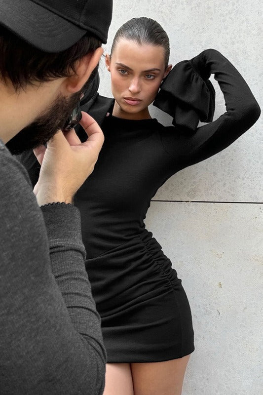 Ribbed Knit Crew Neck Bell Cuff Side Ruched Bow Hip Detail Mini Dress