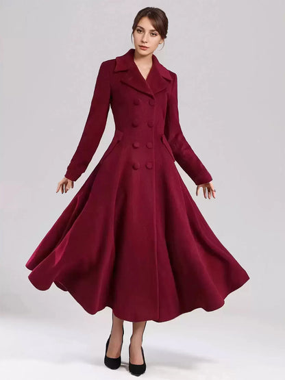 Wool Blend Flared Coat For Women Dark Navy Double-breasted Wide Lapel A-line Winter Outerwear 2026