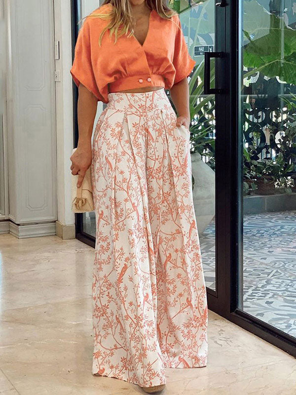 Pant Set Floral Short Sleeves V-Neck Wide Leg Casual 2 Pieces Set