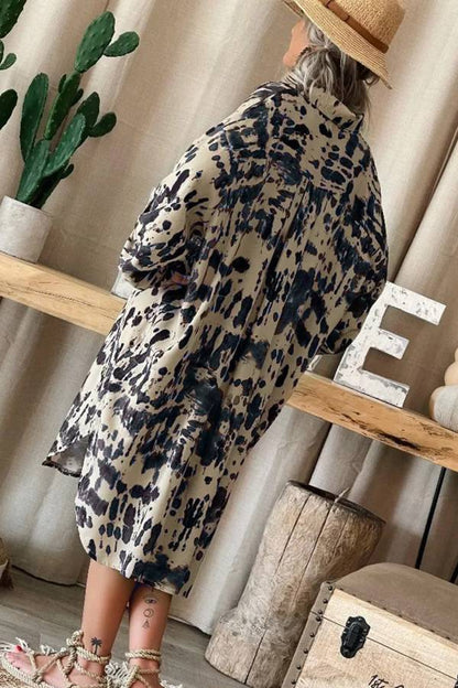 Apricot Splash Ink Print Long Sleeve Button Front Split Dress