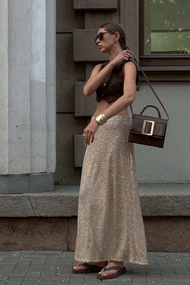 Glitter Sequin A-Line Midi Skirt