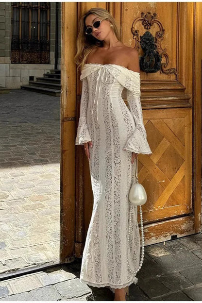 Sexy Off Shoulder Ruched Lace Flare Sleeve Bodycon Dress