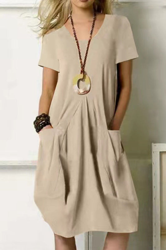 Cotton Linen Solid Color Loose Round Neck Short Sleeve Tank Dress