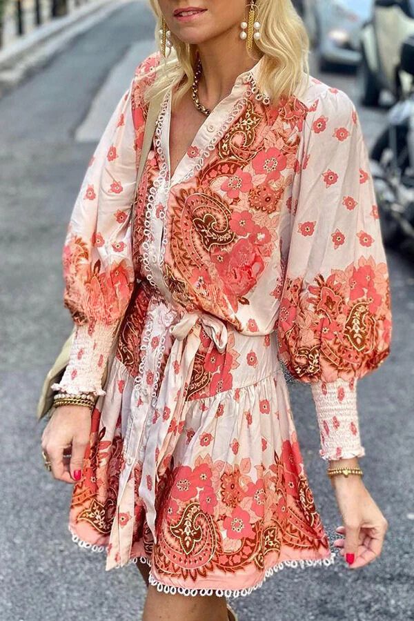 Palace Print Button Smocked Sleeve Belt Mini Dress