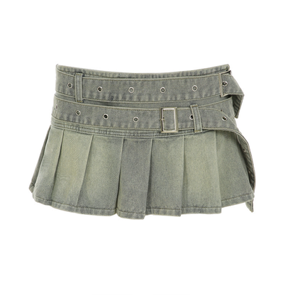 Denim belt pleated A line mini skirt