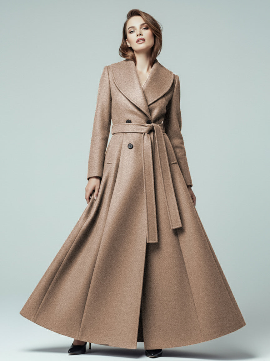 Woolen Belted Maxi Coat With Shawl Collar And Double-breasted For Women 2026