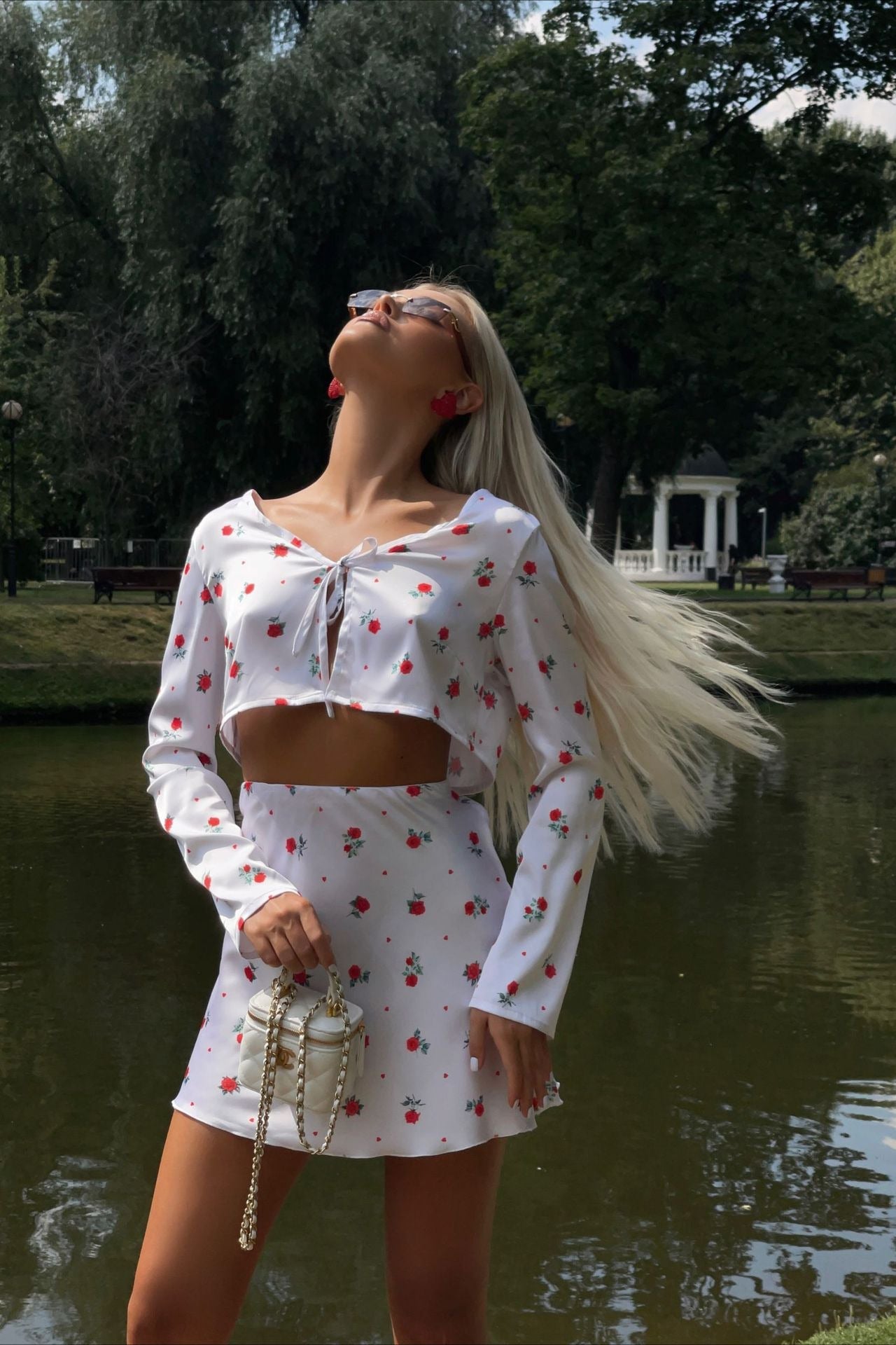 Printed Satin Long Sleeve Cardigan Skirt Two Piece Set