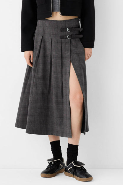 Box Pleat Midi Skirt with A Belt Detail
