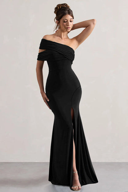 Mesh Panel Off-Shoulder Split Bodycon Party Dress
