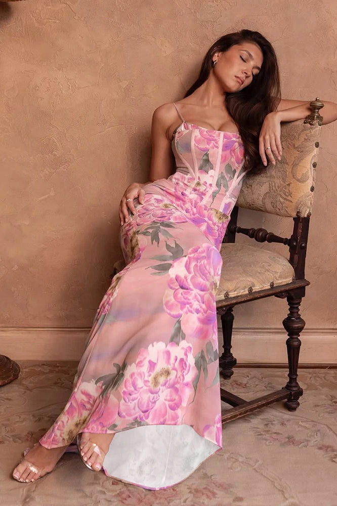 Corset Bodice Spaghetti Strap Floral Print Mesh Floor-Length Maxi Dress
