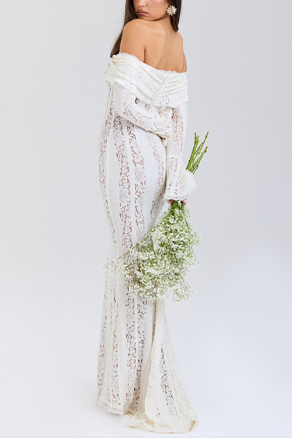 Floral Lace Off Shoulder Flare Sleeve Fishtail Maxi Dresses-White