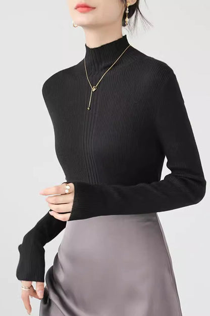 Elegant Apricot Mock Neck Long-Sleeve Pullover Knit Top