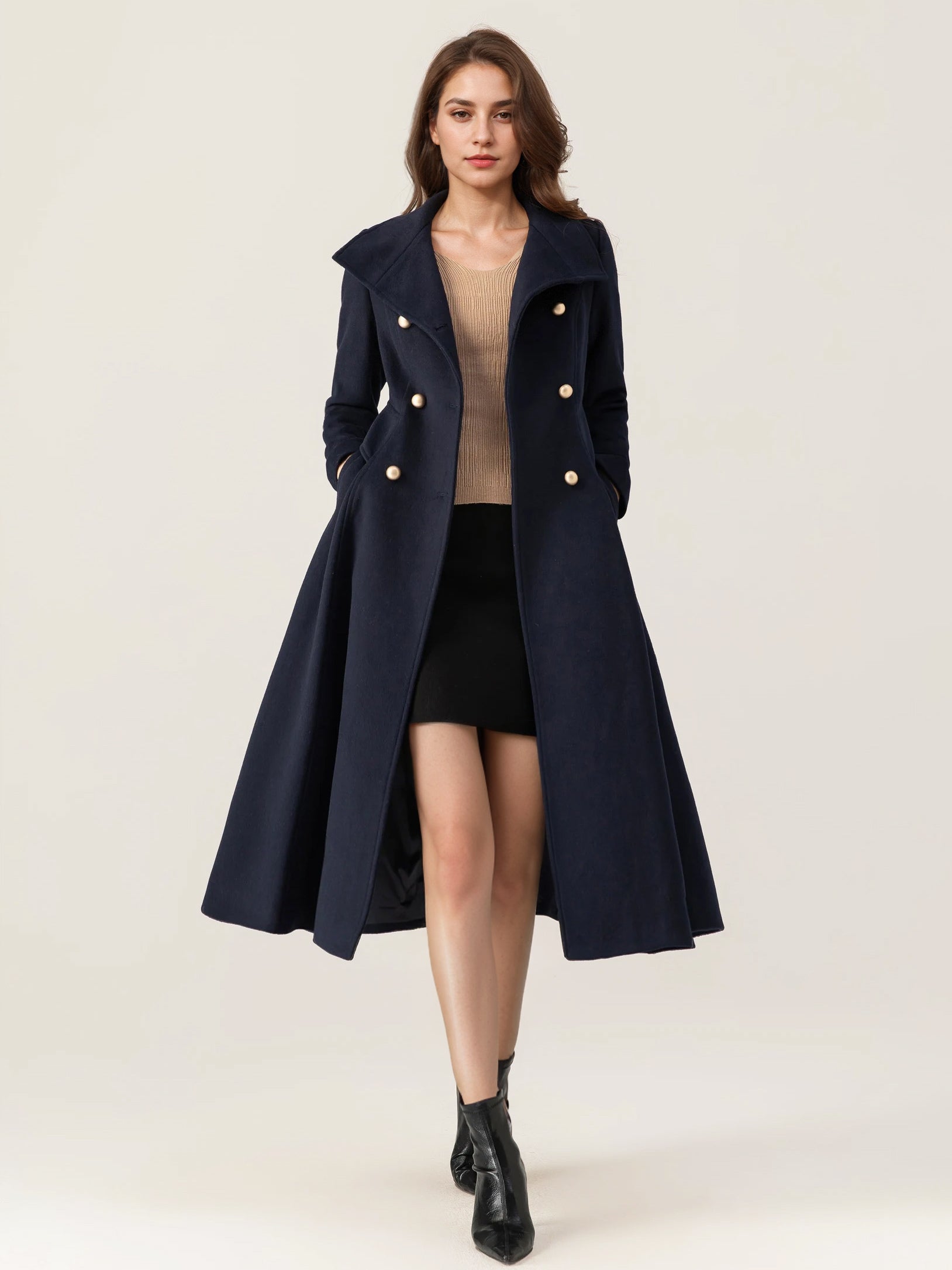 Woolen Flared Coat For Woman Stand Collar Dark Navy Vintage Double-breasted Winter Midi Outerwear 2026
