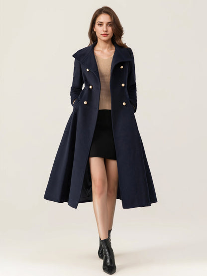 Woolen Flared Coat For Woman Stand Collar Dark Navy Vintage Double-breasted Winter Midi Outerwear 2026