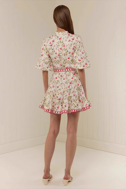 Floral Print Mandarin Collar Puff Sleeve Belted Ruffle Hem Mini Dress