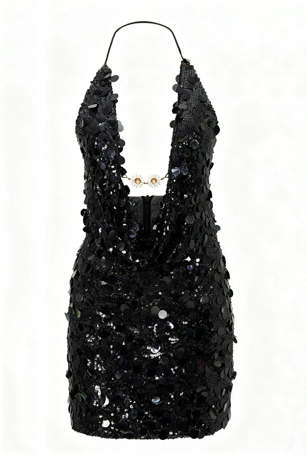 Sexy Halter Neck Sequined Open Back Mini Dress