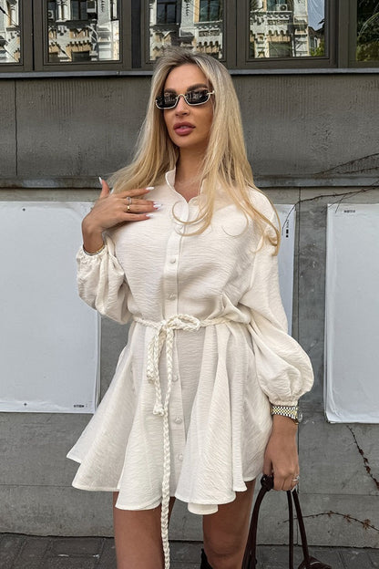 Textured Plissé Mandarin Collar Lantern Sleeve Rope Belt Mini Shirt Dress
