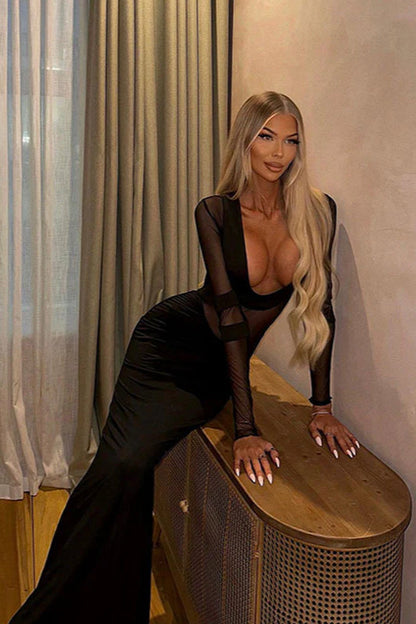 Mesh Panel Deep V Maxi Dress