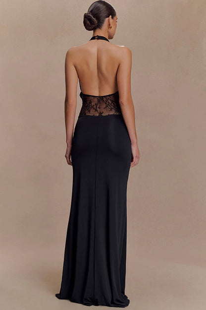 Halter Plunging V-Neck Lace Panel Ruched Drape Maxi Gown
