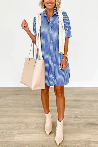 Down Short Sleeves Striped Shirt Dress
