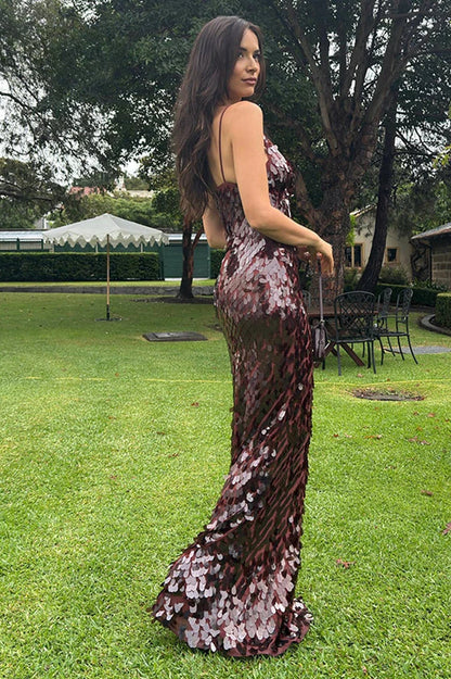 Sequin Paillette Spaghetti Strap Bust Cutout Mermaid Maxi Gown