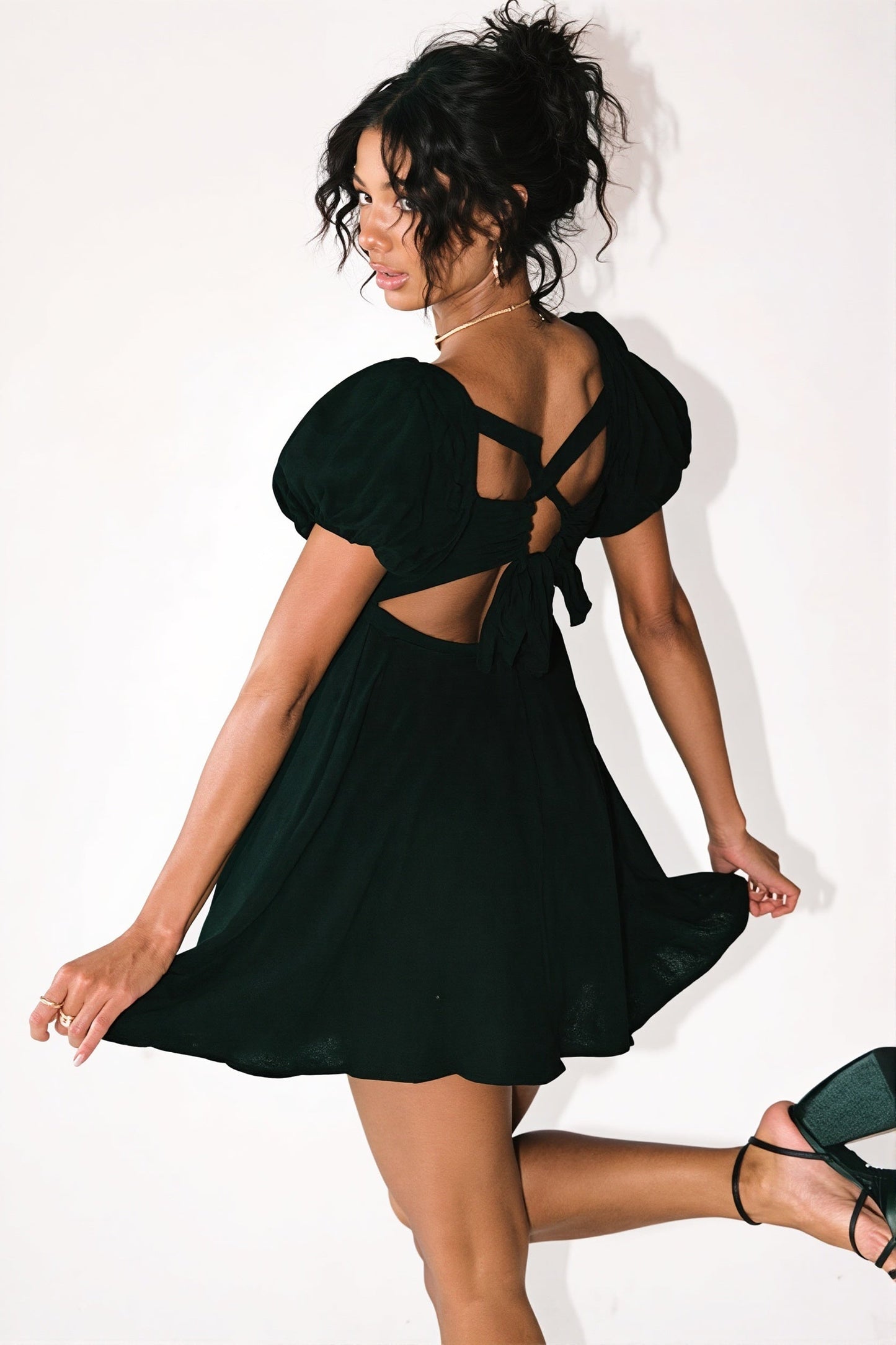 Square Neck Ruched Puff Sleeve Empire Waist Crinkle Gauze Mini Dress