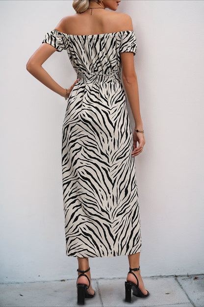 Zebra Print Off Shoulder Puff Sleeve Maxi Dress