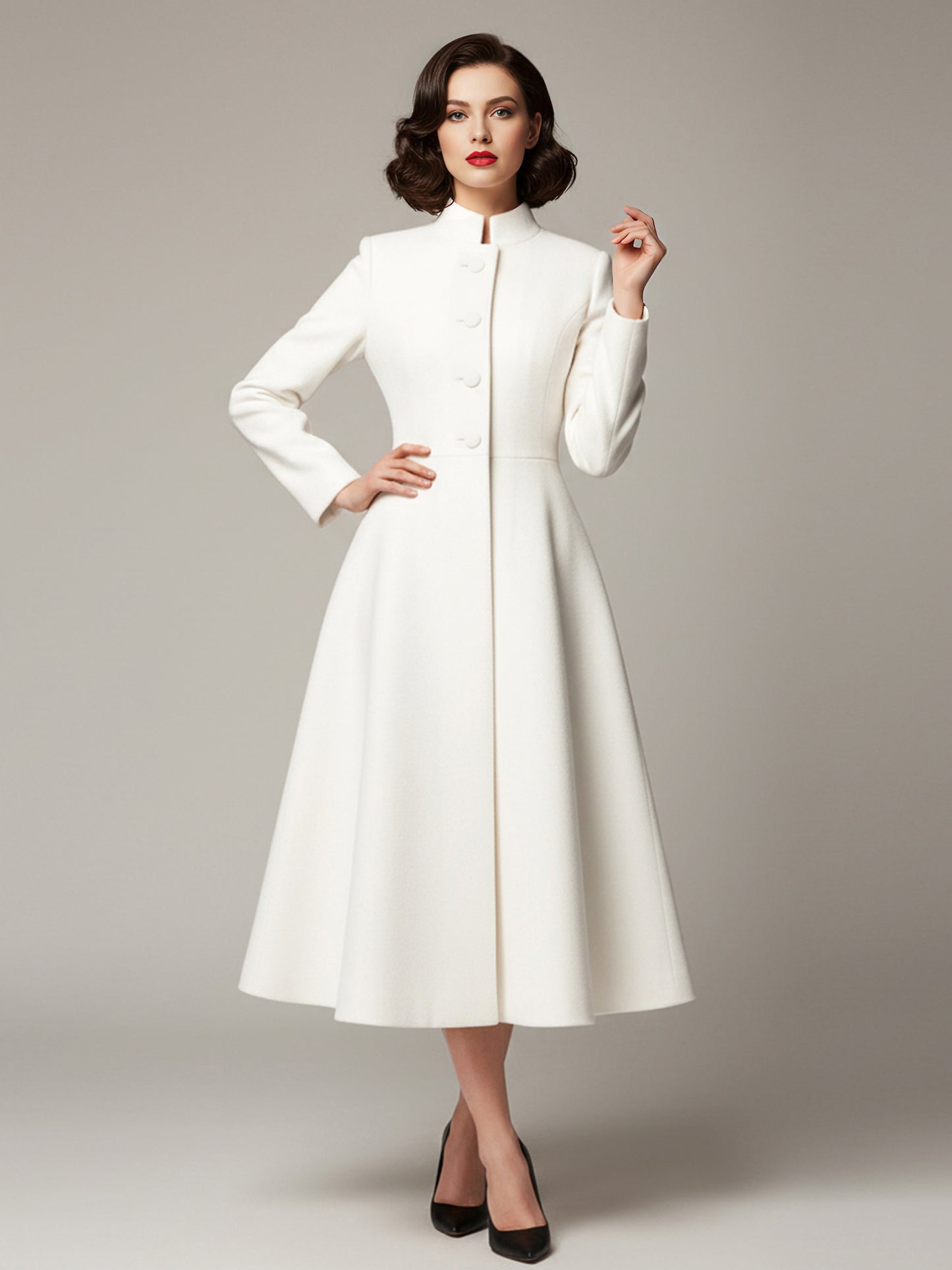 Vintage Stand-Collar A-line Woolen Flared Coat In White For Women 2026