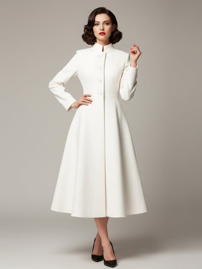 Vintage Stand-Collar A-line Woolen Flared Coat In White For Women 2026