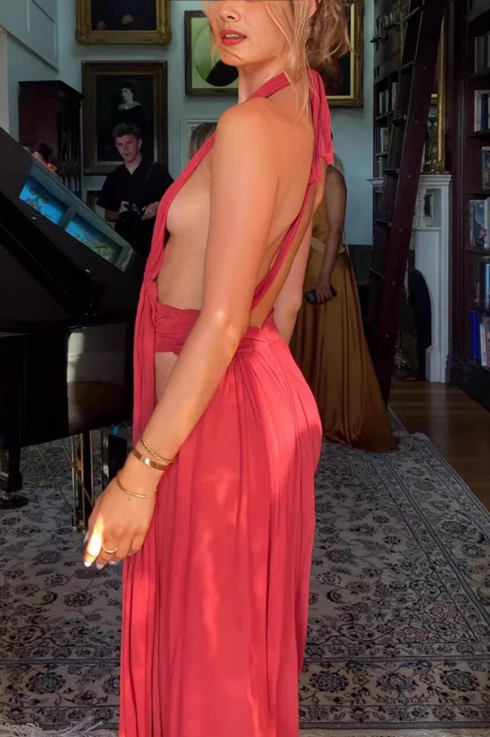 French Sexy Backless Halter V-Neck Maxi Dress