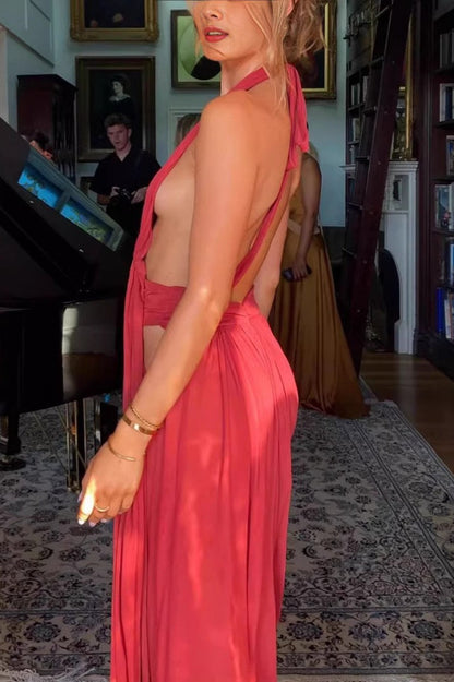 French Sexy Backless Halter V-Neck Maxi Dress