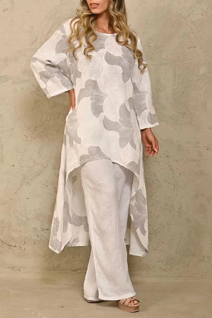 Exquisite Floral Print Crew Neck Paneled Pant Suit