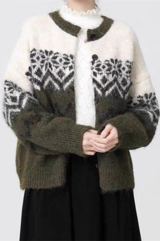 Retro Nordic Christmas Snowflake Jacquard Knit Cardigan