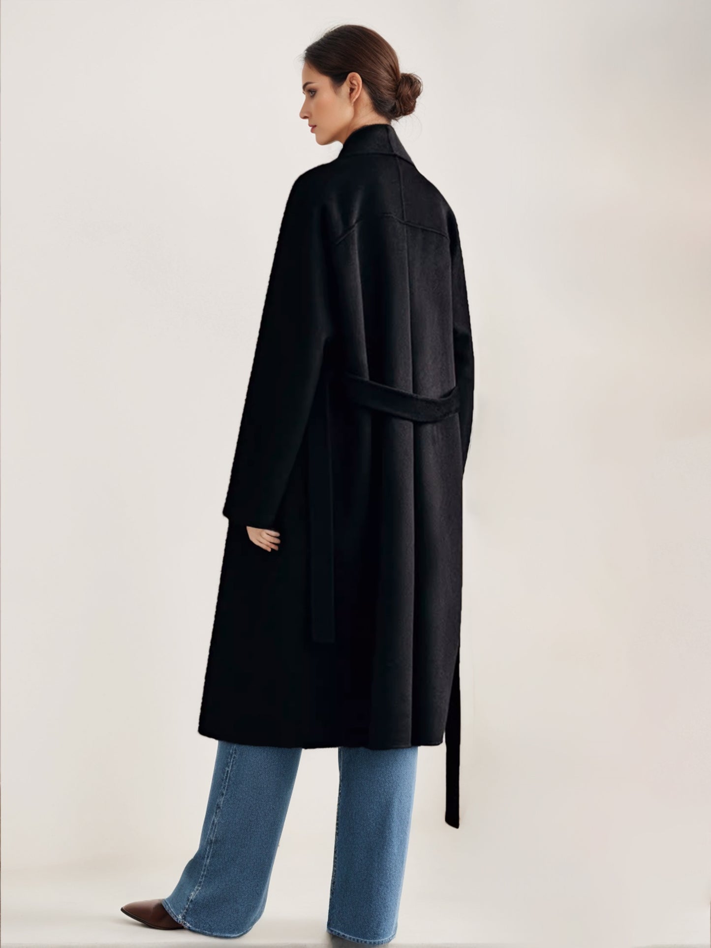 Burgundy Wool Cashmere Blend Wrap Coat For Woman Lapel Elegant Belted Double-Faced Winter Outerwear 2026