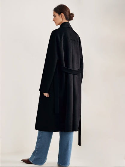 Burgundy Wool Cashmere Blend Wrap Coat For Woman Lapel Elegant Belted Double-Faced Winter Outerwear 2026