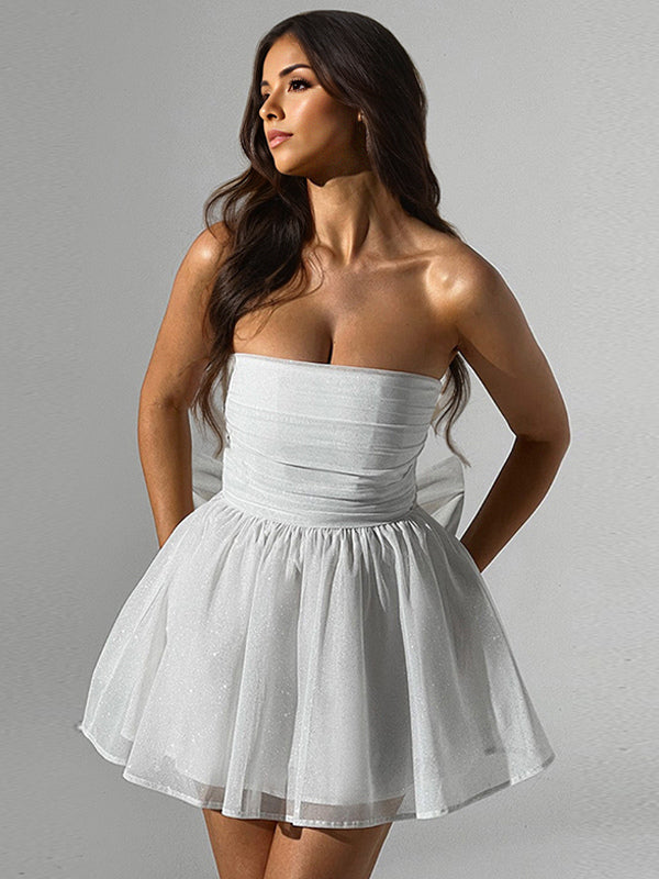 Party Dresses Red Strapless Bows Sleeveless Open Shoulder Semi Formal Dress