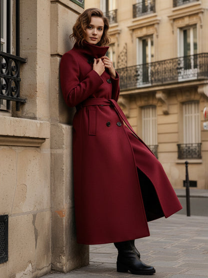 Belted Long Woolen coat with Double-breasted and high collar For Women 2026