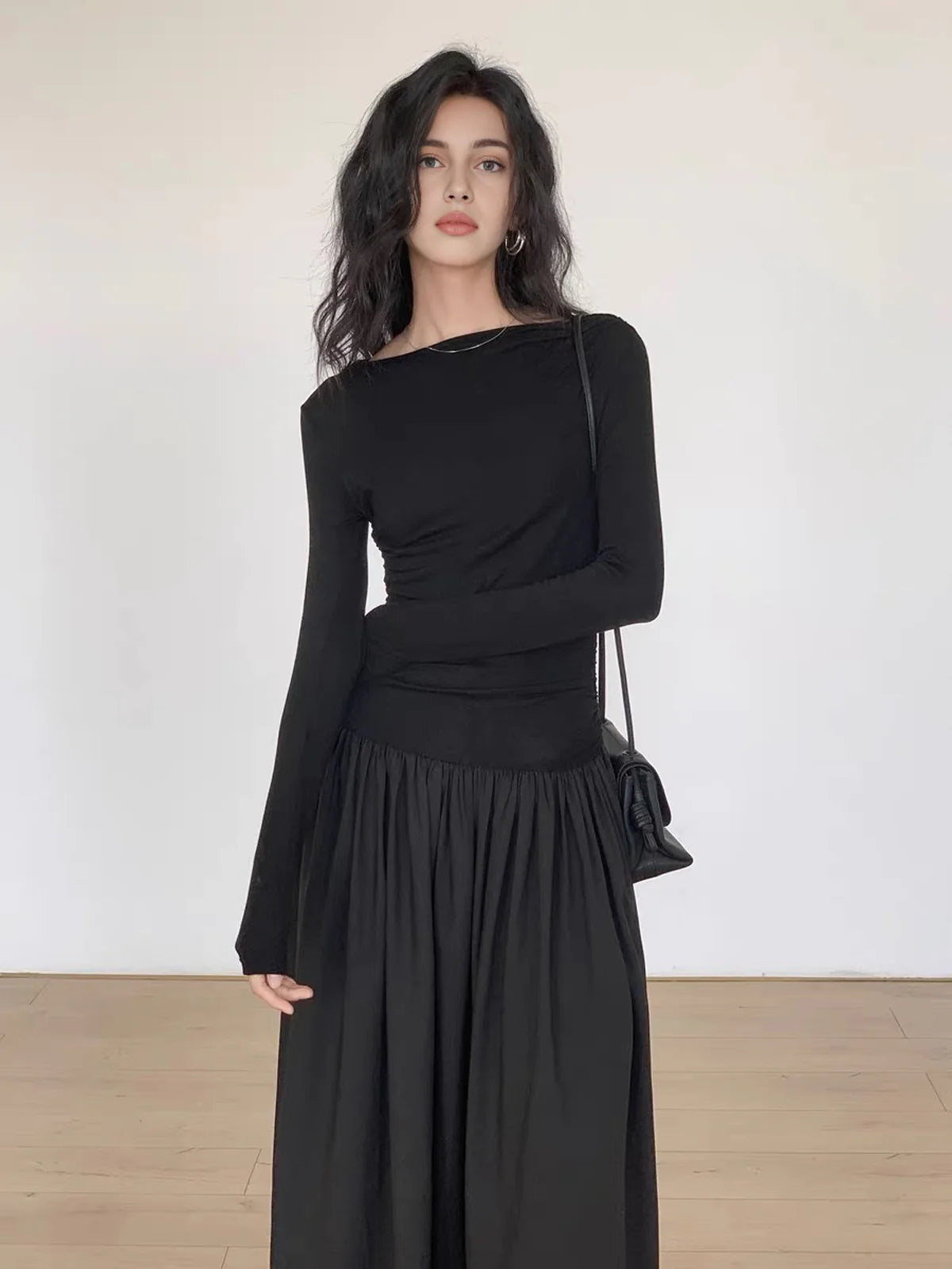 Pleated Patchwork Knit Long Sleeve Midi Dress