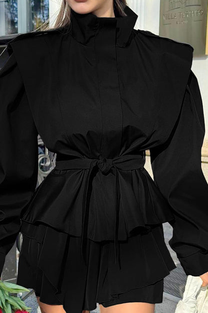 Tie-Waist Collared Long-Sleeve Loose Trench Coat