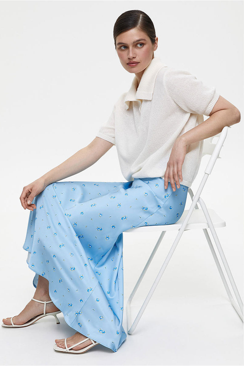 High Waist Satin Floral Print Drape Skirt