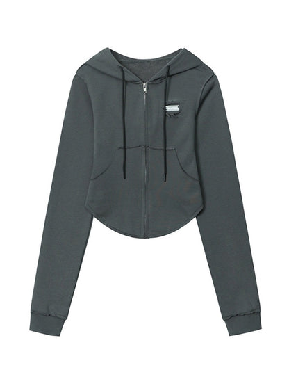 Solid Color Frayed Design Drawstring Long Sleeve Tee