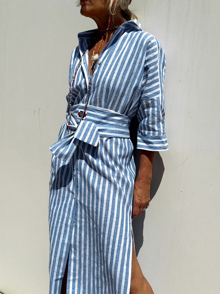 Printed Shirt Dress For Women - Casual Collared Button Down Tie Waist Midi Kaftan - Summer Beach Resort 2026