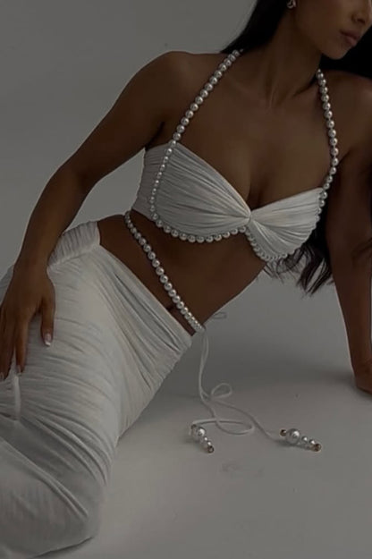 Imalia Stretch Mesh Pearl Trim Gathered Tank and  Detachable Belt Vacation Maxi Skirt Set