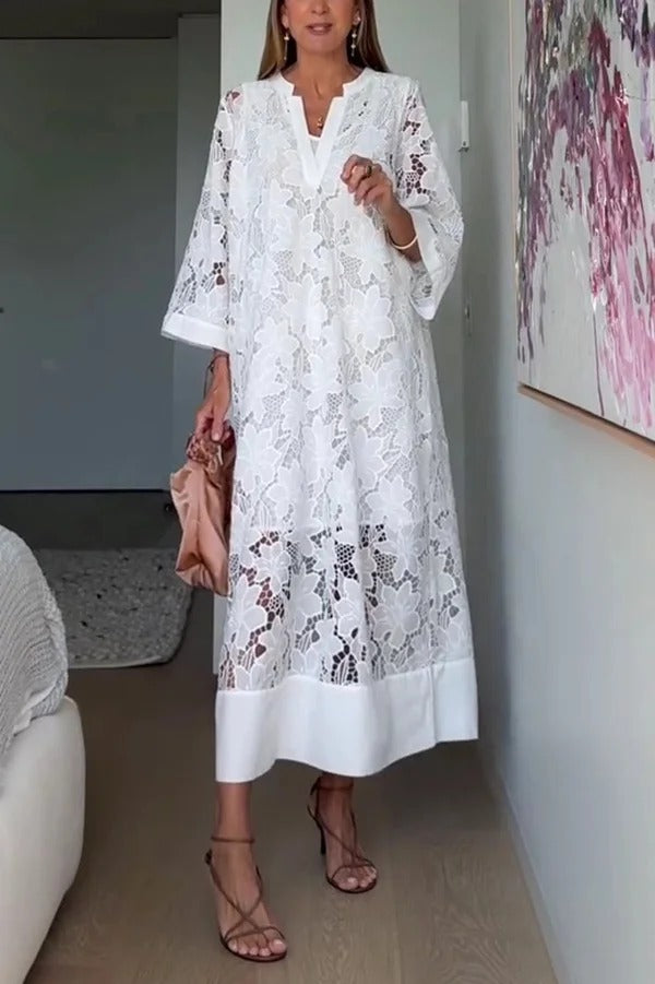 Confidence and Adventure Flower Lace V-neck Bell Sleeve Loose Midi Dress