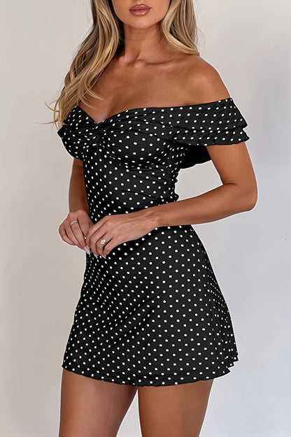 Polka Dot Off-Shoulder Twisted Sweetheart Ruffle Sleeve Bodycon Mini Dress