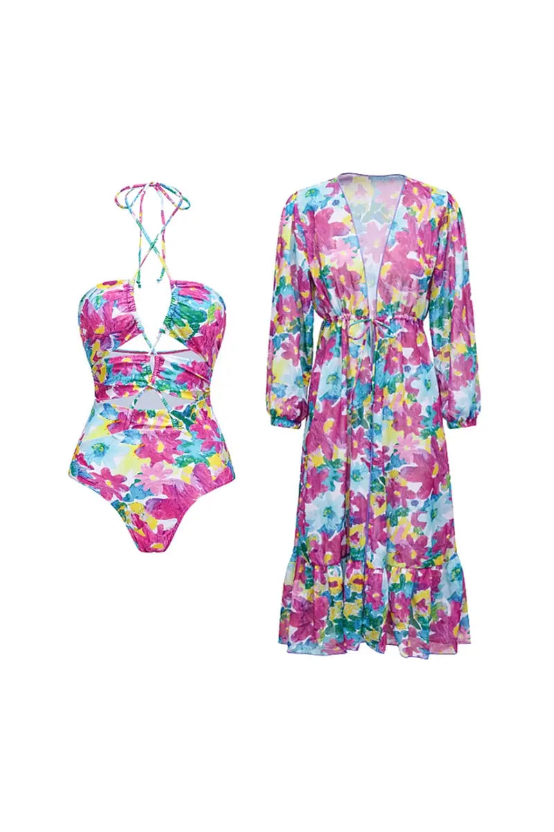 Cutout One Piece Swimsuit Set with Cover Up