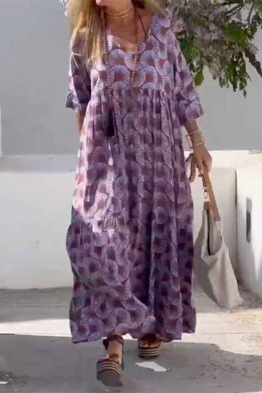 Floral Printed Plunging Half Sleeves Loose Maxi Dresses