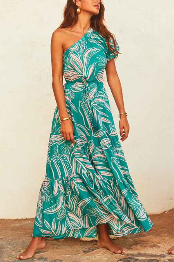 One Shoulder Drawstring Waist Printed Flowy Maxi Dress